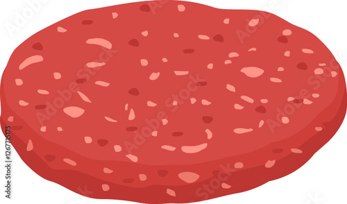 Red meat patty for hamburger showcasing visible spices and fat, resting on a clean white background, ready for cooking and transforming into a delicious meal