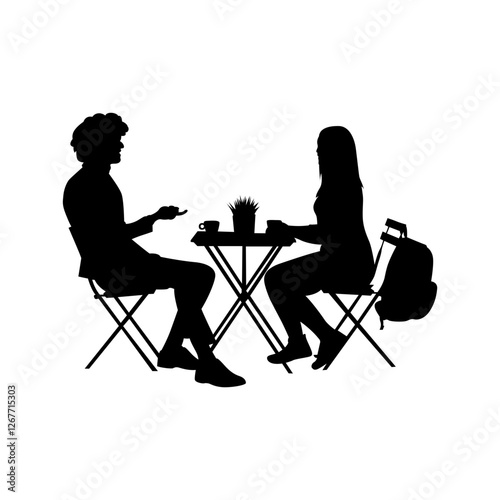 A boy and a girl are sitting on one side of the table and talking vector .