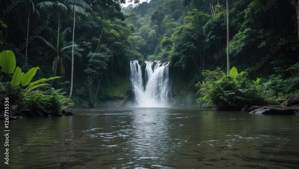 Obraz premium Tropical waterfall cascading into still water surrounded by dense greenery and palm trees in a serene jungle setting Copy Space