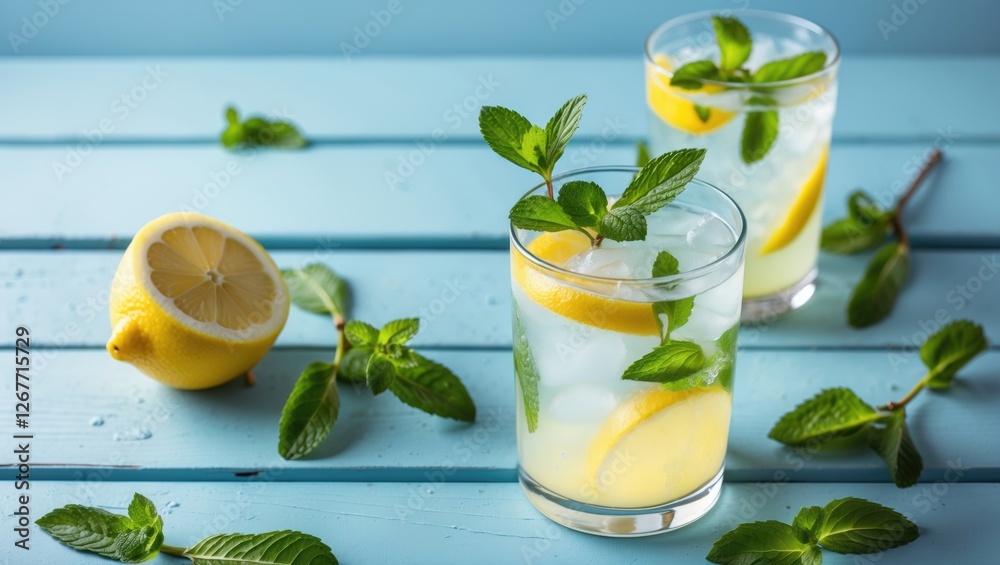 Fototapeta premium Refreshing lemonade with mint leaves served in glasses on a blue wooden table with lemon halves and fresh mint, Copy Space