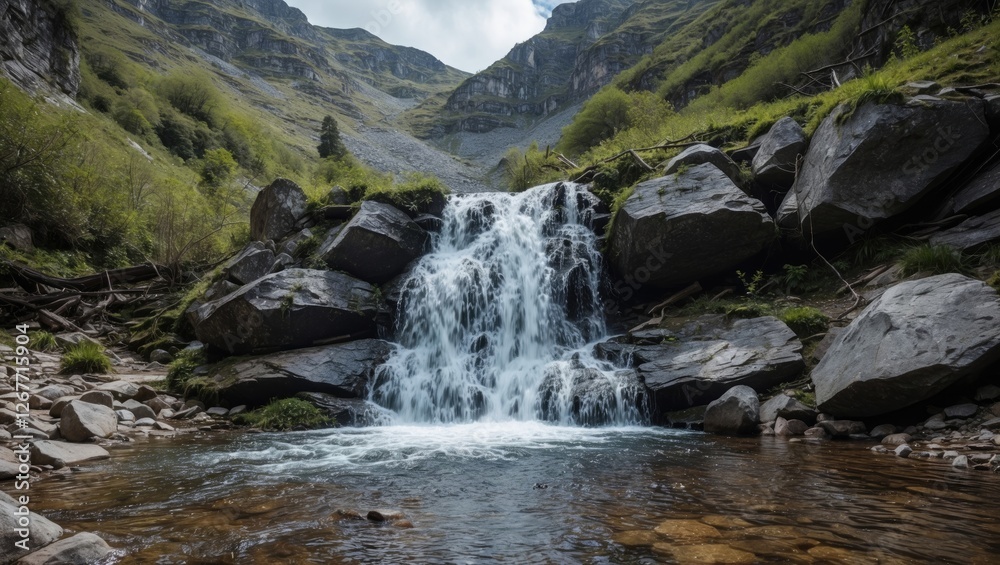 Mountain waterfall cascading over rocks into clear water pool surrounded by greenery and rocky landscape with cloudy sky Copy Space Mountain waterfall cascading over rocks into clear water pool surrounded by greenery and rocky landscape with cloudy sky Copy Space