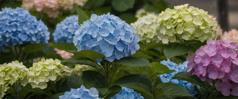 Colorful hydrangea flowers in various shades of blue, pink and green with lush green leaves in a garden setting Copy Space Colorful hydrangea flowers in various shades of blue, pink and green with lush green leaves in a garden setting Copy Space