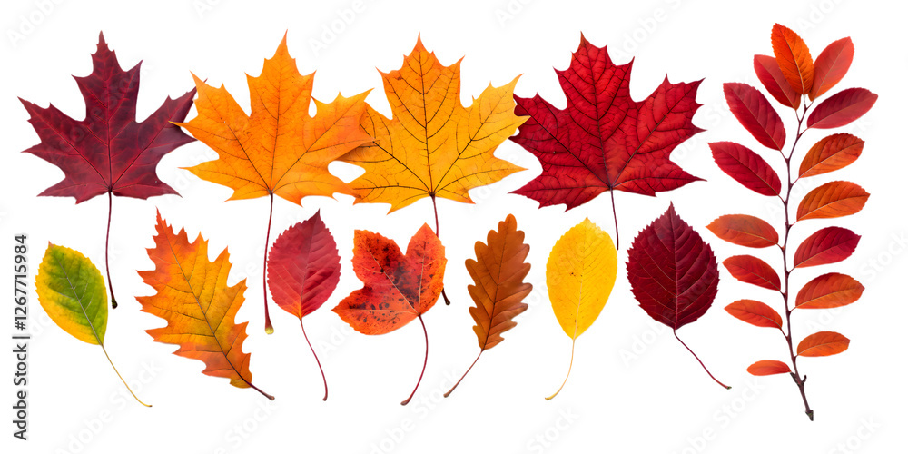 Fototapeta premium Colorful Autumn Leaves Arranged in Rows on a Black Background