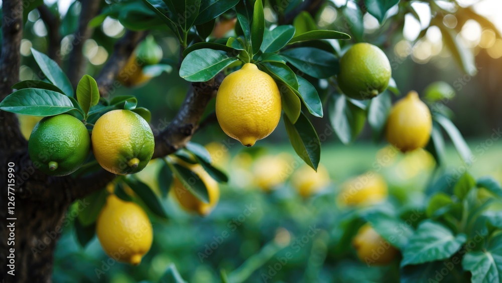 Lemon tree with ripe yellow lemons and unripe green lemons hanging among lush green leaves in a garden setting with blurred background. Copy Space Lemon tree with ripe yellow lemons and unripe green lemons hanging among lush green leaves in a garden setting with blurred background. Copy Space