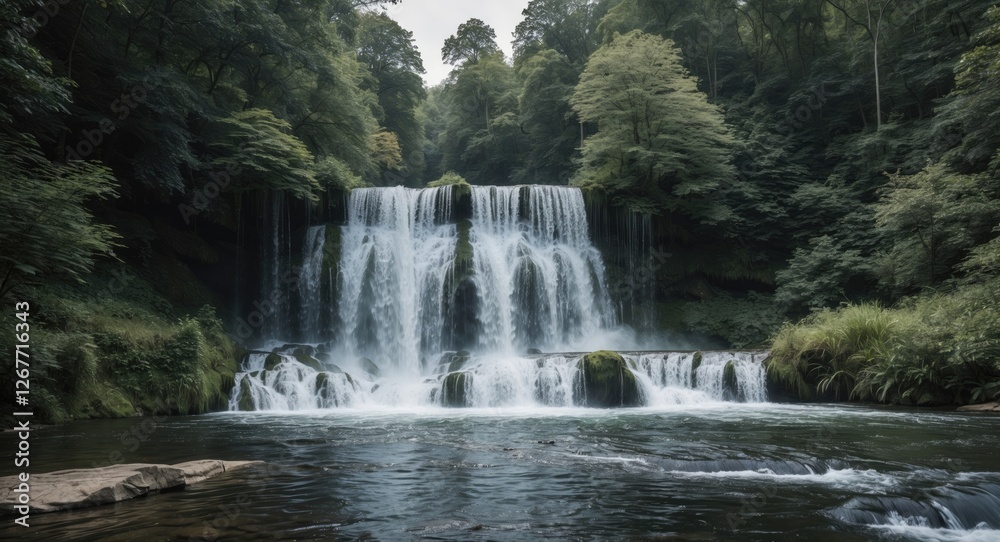Waterfall cascading over rocky ledges surrounded by dense forest vegetation with smooth flowing river in foreground and soft lighting, Copy Space Waterfall cascading over rocky ledges surrounded by dense forest vegetation with smooth flowing river in foreground and soft lighting, Copy Space