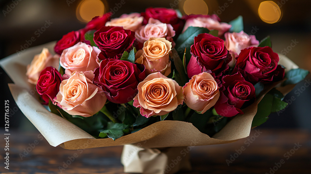 Obraz premium Romantic Rose Bouquet: A captivating bouquet of red and peach roses, artfully arranged and presented in kraft paper wrapping, evokes feelings of love, romance, and celebration.