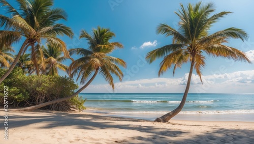 Tropical beach scene with palm trees  clear blue sky and gentle waves  ideal for relaxation and vacation themes  Copy Space