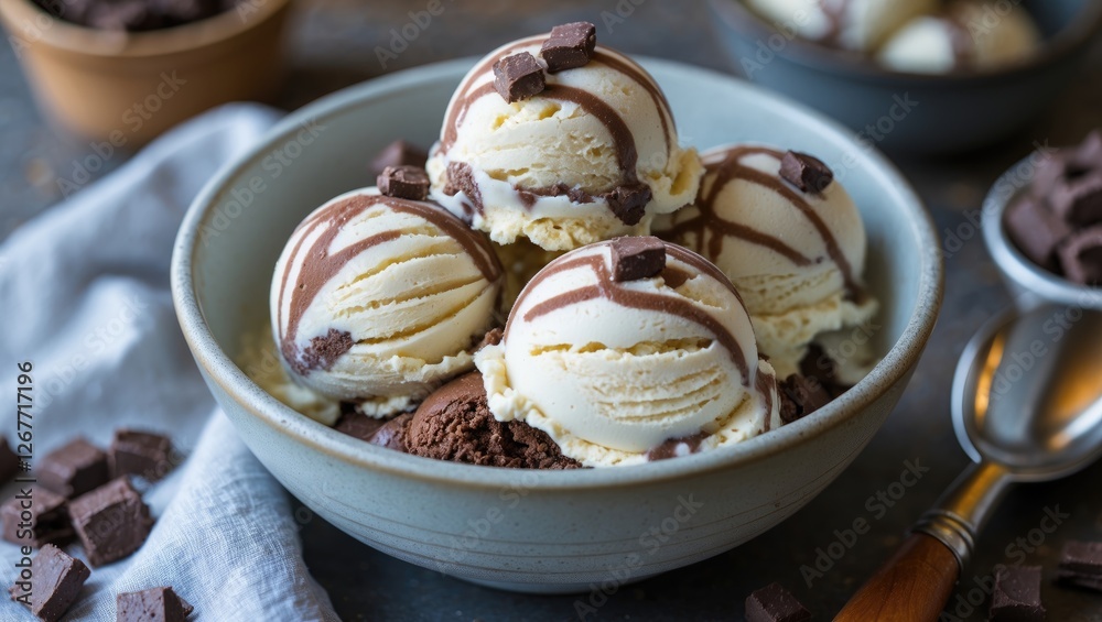 Assorted ice cream scoops with chocolate chunks and drizzled chocolate sauce in a bowl with copy space for text Assorted ice cream scoops with chocolate chunks and drizzled chocolate sauce in a bowl with copy space for text
