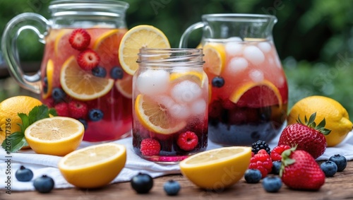 Fresh fruit beverages in glass pitchers with ice, lemons, strawberries, raspberries, and blueberries on a wooden table with natural background. Copy Space