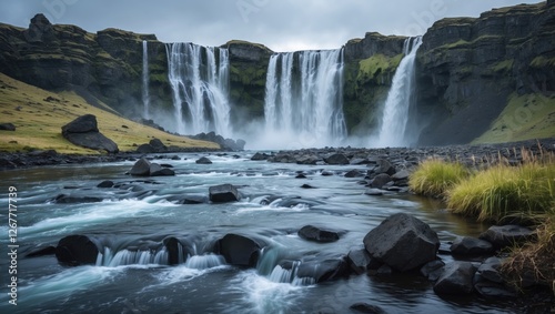 Seljalandsfoss Waterfall with Flowing River and Rocky Shore in Iceland Overcast Sky Natural Landscape with Copy Space