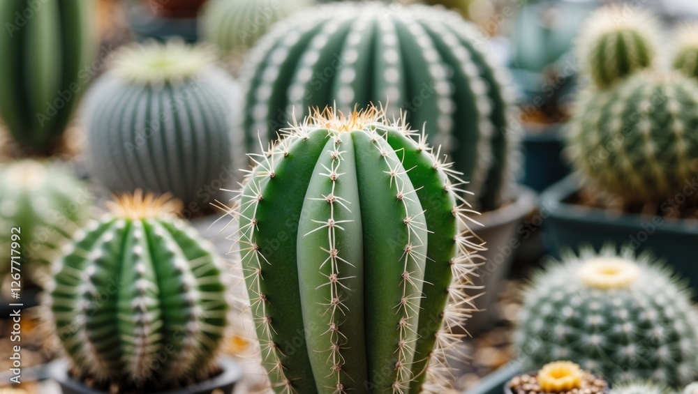 Cactus collection in pots with varying shapes and sizes with sharp spines and textures in a natural outdoor setting with Copy Space Cactus collection in pots with varying shapes and sizes with sharp spines and textures in a natural outdoor setting with Copy Space