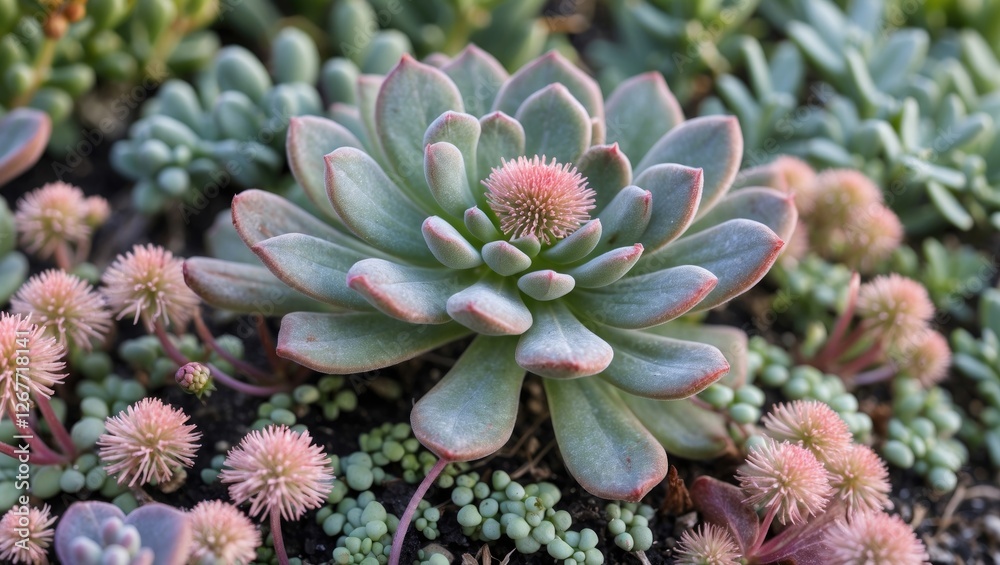 Succulent plants with pink and green foliage in a natural garden setting showcasing texture and detail Copy Space Succulent plants with pink and green foliage in a natural garden setting showcasing texture and detail Copy Space