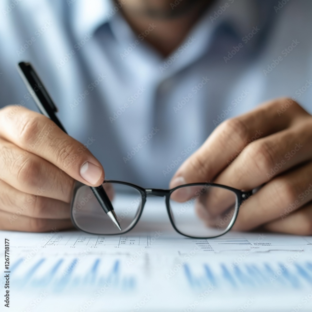 man analyzes financial data with pen and glasses. man analyzes financial data with pen and glasses.
