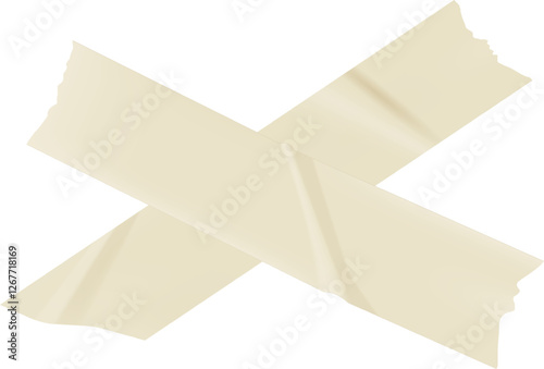 Two beige pieces of adhesive tape are crossing each other, creating an x shape against a clean white background, providing a simple yet effective visual of connection or restriction