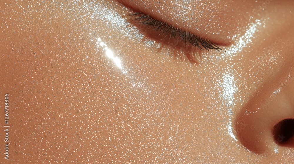 Fototapeta premium Close-up of a person's eye and nose. the eye is closed and the eyelashes are slightly curled. the skin around the eye appears to be smooth and shiny.