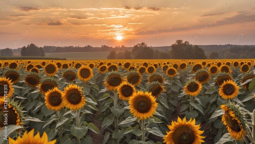 Obraz premium Sunflower field at sunset with vibrant flowers and rich sky colors in the background nature landscape Copy Space