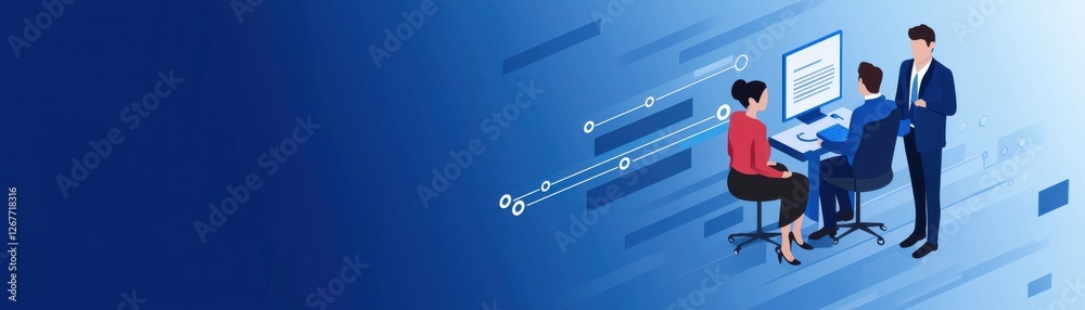 A professional setting where individuals collaborate at a computer, highlighting teamwork and technology in a modern, blue-toned environment. A professional setting where individuals collaborate at a computer, highlighting teamwork and technology in a modern, blue-toned environment.