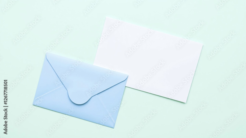 Blank White Card and Light Blue Envelope Mockup on Pastel Green Background Blank White Card and Light Blue Envelope Mockup on Pastel Green Background