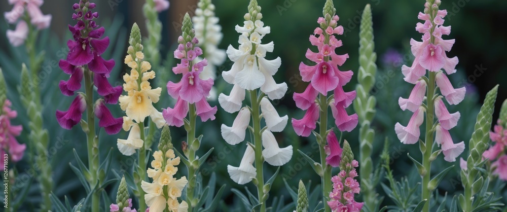 Obraz premium Colorful blossoms of snapdragon flowers in various shades including pink, white, purple, and yellow with green foliage background Copy Space