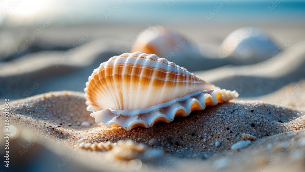 Close-up of a beautiful seashell resting on sandy beach with smooth texture and soft sunlight highlighting its natural patterns and colors Copy Space Close-up of a beautiful seashell resting on sandy beach with smooth texture and soft sunlight highlighting its natural patterns and colors Copy Space