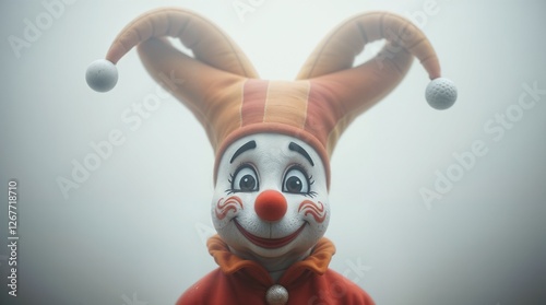  Smiling clown with jester hat in soft lighting. April Fool's Day, circus, harlequin, mask, false moustache, false nose, laughter day, pranks, buffoonery,