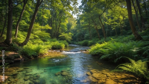 Lush green forest with a serene river flowing through, rocks and ferns lining the banks, bright sunlight filtering through trees, Copy Space