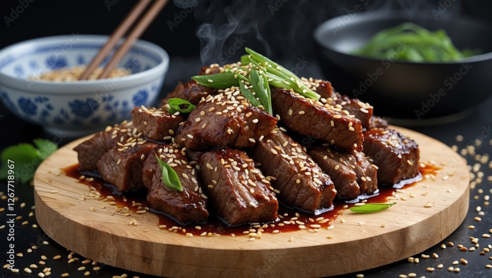 Beef steak slices garnished with green onions and sesame seeds on a wooden serving board with side dishes in background Copy Space