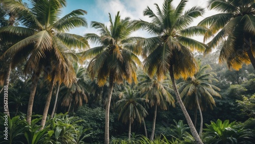 Tropical palm trees in a lush green forest under a cloudy sky with natural light Copy Space photo