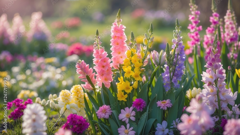 Obraz premium Colorful spring flower garden with various blossoms in soft focus natural light and green background Copy Space