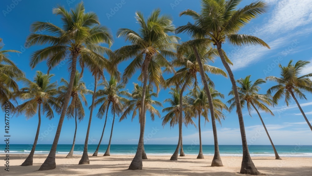 Tropical beach landscape with tall palm trees under a clear blue sky and gentle ocean waves Copy Space Tropical beach landscape with tall palm trees under a clear blue sky and gentle ocean waves Copy Space