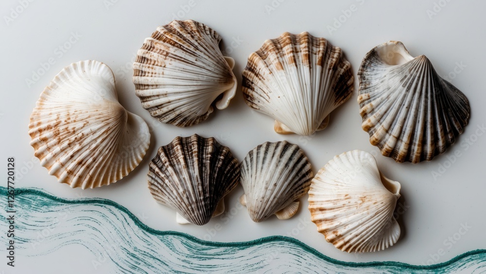 Collection of various scallop shells arranged on a flat surface with decorative wave illustration below Copy Space Collection of various scallop shells arranged on a flat surface with decorative wave illustration below Copy Space