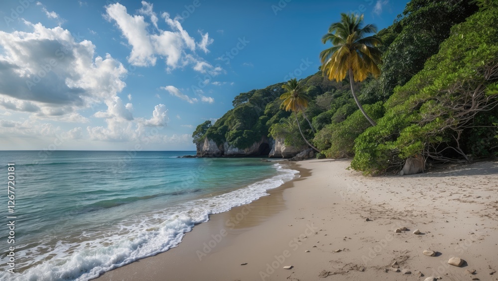 Obraz premium Tropical beach landscape with palm trees and lush foliage under a blue sky with clouds and gentle ocean waves Copy Space