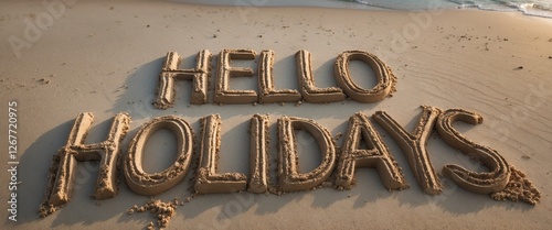 Sand writing on beach reading Hello Holidays with ocean in background and natural lighting Copy Space photo