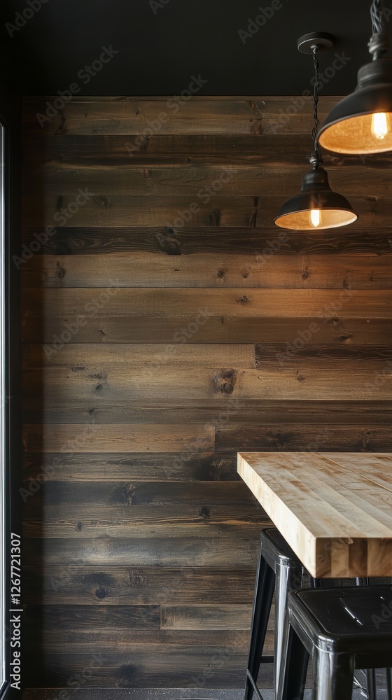 Rustic modern kitchen with raw wood finishes, industrial light fixtures, and cozy touches, focusing on an empty wooden wall Rustic modern kitchen with raw wood finishes, industrial light fixtures, and cozy touches, focusing on an empty wooden wall