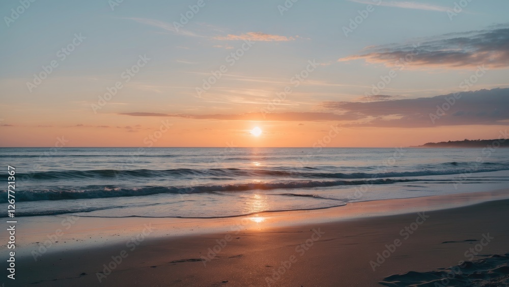Coastal sunset over the ocean with gentle waves and colorful sky reflecting on the water surface Copy Space Coastal sunset over the ocean with gentle waves and colorful sky reflecting on the water surface Copy Space