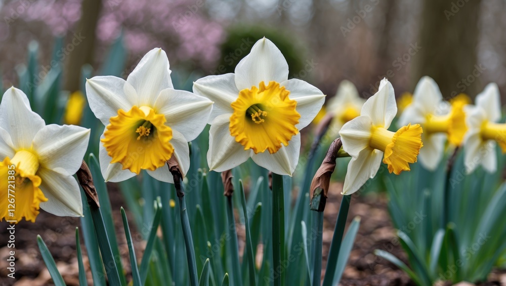 Cluster of blooming daffodils with yellow and white petals in a garden setting with blurred background and copy space for text Cluster of blooming daffodils with yellow and white petals in a garden setting with blurred background and copy space for text