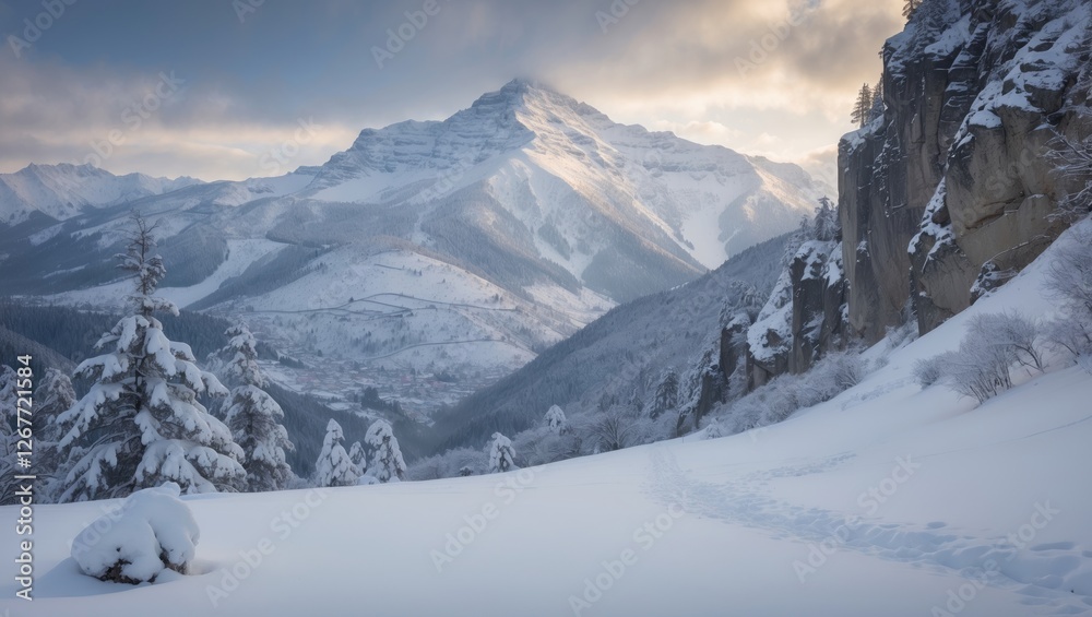 Fototapeta premium Mountain landscape covered in snow with trees in the foreground and dramatic lighting during winter sunrise Copy Space