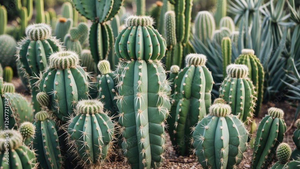 Group of various cacti with distinct shapes and sizes in a desert garden setting with natural sunlight and textures of spines and greenery. Copy Space Group of various cacti with distinct shapes and sizes in a desert garden setting with natural sunlight and textures of spines and greenery. Copy Space