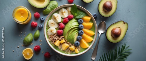 Wallpaper Mural Colorful smoothie bowl topped with fresh fruits including banana, mango, blueberries, raspberries, and granola on a textured background with copy space. Torontodigital.ca