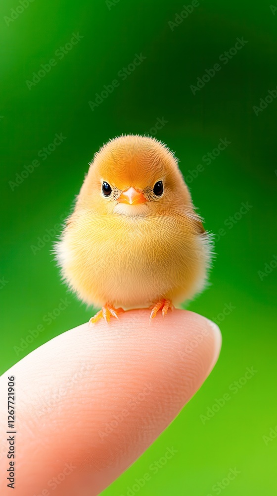 A fluffy baby bird perches on a fingertip, showcasing innocence and delicacy against a vibrant green background, Ideal for themes related to nature, wildlife, or childhood, A fluffy baby bird perches on a fingertip, showcasing innocence and delicacy against a vibrant green background, Ideal for themes related to nature, wildlife, or childhood,