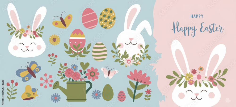 Happy Easter card - cute bunny, eggs, birds and flowers elements, vector illustration
Happy Easter card - cute bunny, eggs, birds and flowers elements, vector illustration
