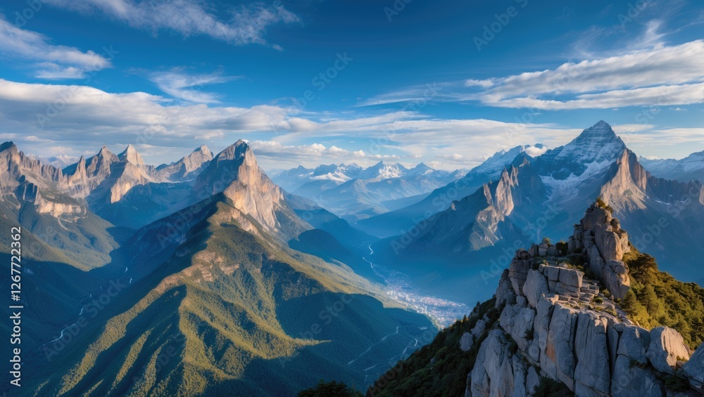 Obraz premium Mountain landscape with dramatic peaks and valleys under a clear blue sky at sunrise with copy space for text placement.