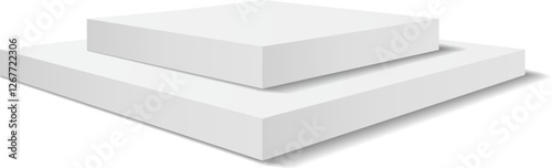Two white square podiums creating a pedestal casting a shadow on a white background, ideal for showcasing products or concepts related to success, achievement, and leadership
