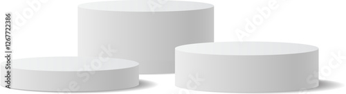 Featuring three white round podiums of varying sizes, creating a striking pedestal for winners against a clean white background, symbolizing success and achievement in competition