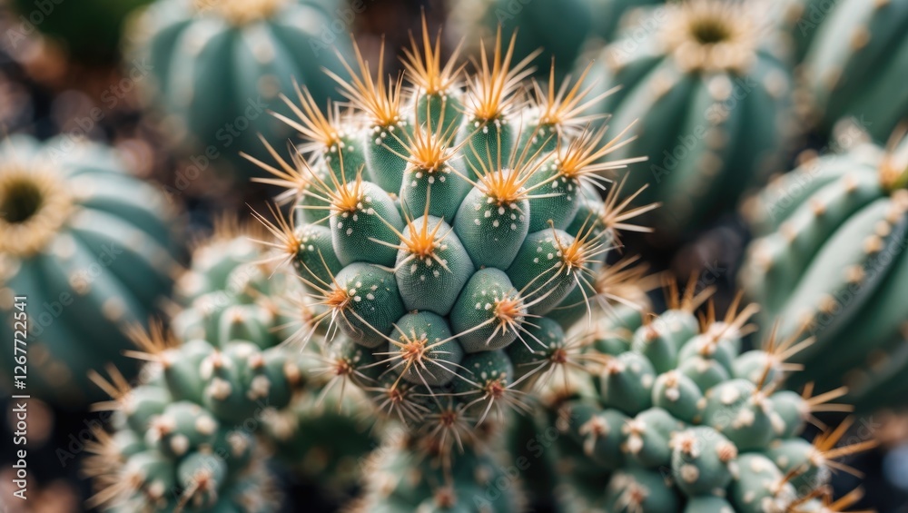 Close-up view of green cactus with spines against blurred background of other cacti Copy Space Close-up view of green cactus with spines against blurred background of other cacti Copy Space