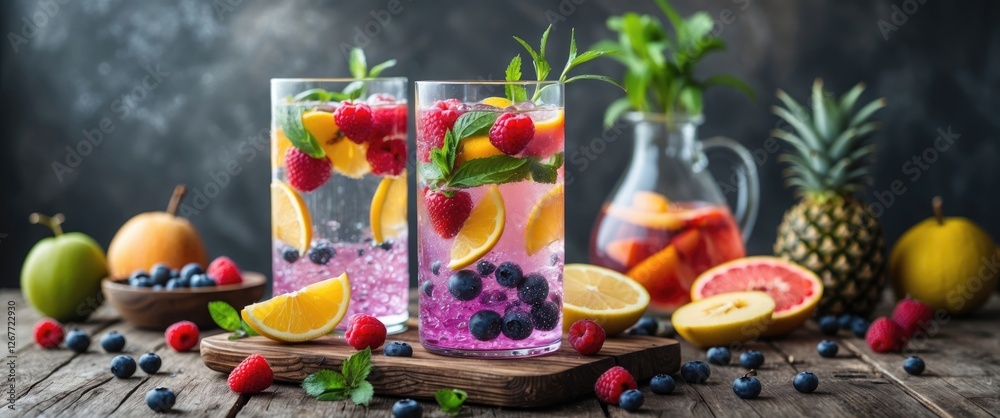 Fototapeta premium Colorful fruit-infused drinks in glasses with mint, raspberries, and citrus on wooden table with assorted fruits in background Copy Space