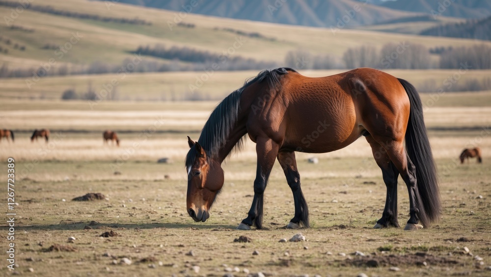 Brown horse grazing in a wide open field with rolling hills in the background and other horses visible in the distance Copy Space Brown horse grazing in a wide open field with rolling hills in the background and other horses visible in the distance Copy Space