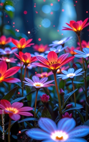 A stunning close-up of vibrant, glowing flowers in full bloom, illuminated with soft golden light. 