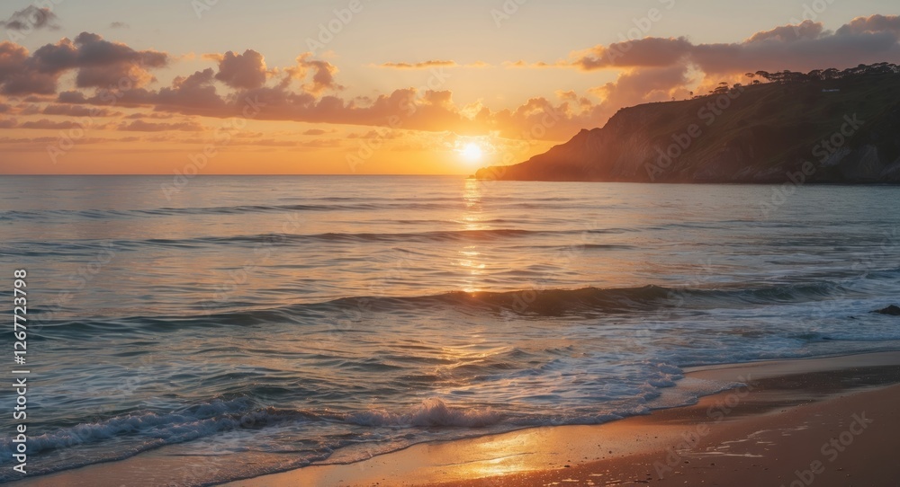 Fototapeta premium Coastal sunset over calm ocean waters with gentle waves and sandy beach in foreground illuminated by warm light