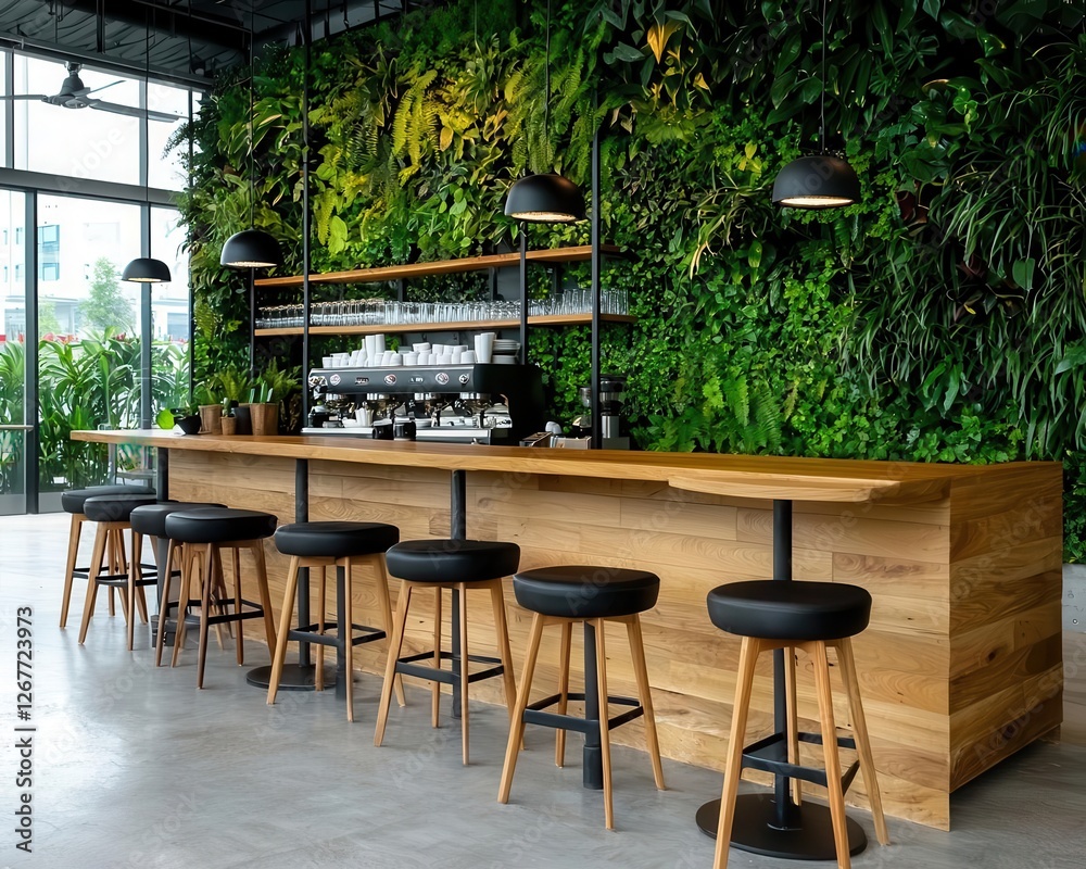 Natureinfused twostory cafe with a vertical garden, natural wood decor, and earthy tones Natureinfused twostory cafe with a vertical garden, natural wood decor, and earthy tones